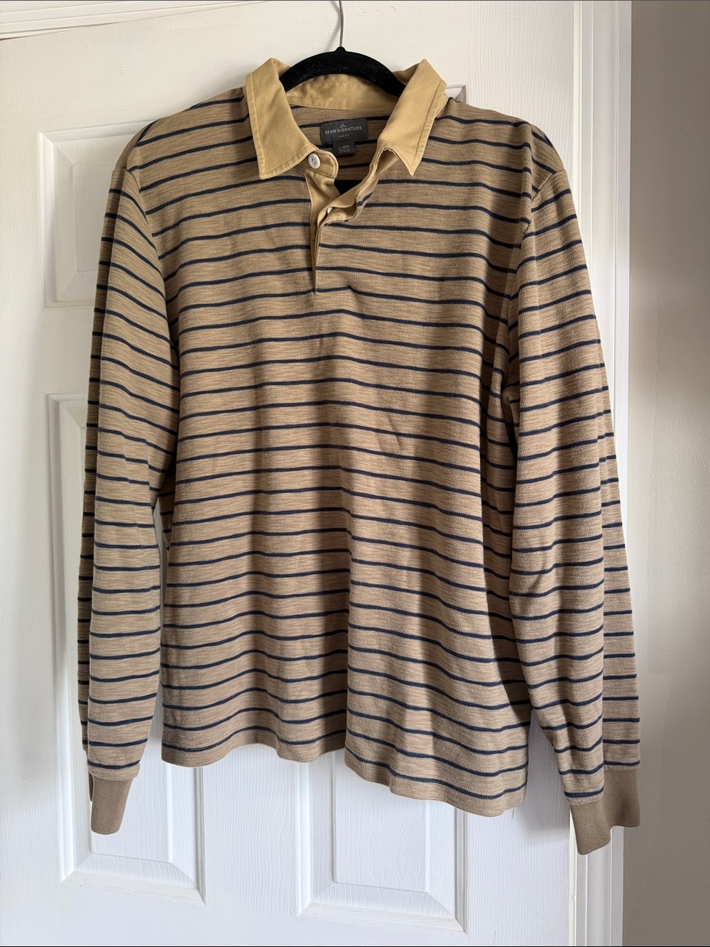L.L. Bean Men's Long-Sleeve Striped Polo in Tan and Navy